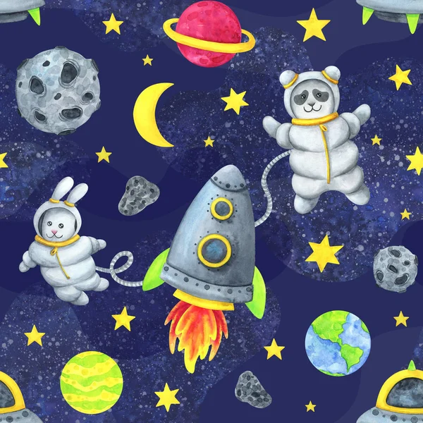 Uzay çocuklarının kusursuz kalıpları. Roket, uçan daire, gezegenler, yıldızlar, astronot Panda ve Tavşan evrende seyahat eder. Mavi arka planda galaksiler arası uçuşla ilgili bir karikatürün suluboya baskısı
