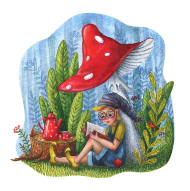 Bir cüce büyük bir mantarın altında oturur ve ormanda bir kitap okur. Çocuk suluboya çizimi. Tatlı, peri masalı gibi bir iz. Doğada piknik. Çay, kitap, bitkiler, sineklik, çizgi film karakteri, hobiler, çalışma, dinlenme