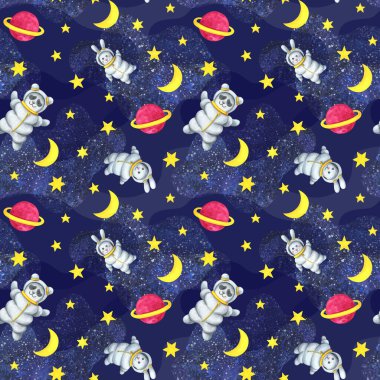 Uzayda hayvan astronotlar. Kusursuz desen. Çocuk suluboya çizimi. Üzerinde panda ve uzay giysisi olan şirin bir parmak izi. Pembe gezegen, yıldız, ay, sonsuz evren..