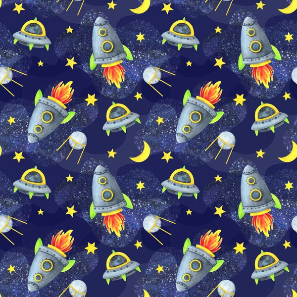 Infinite Universe Space Seamless Pattern Spacecraft Flying Saucer Satellite Background — Stock Photo, Image