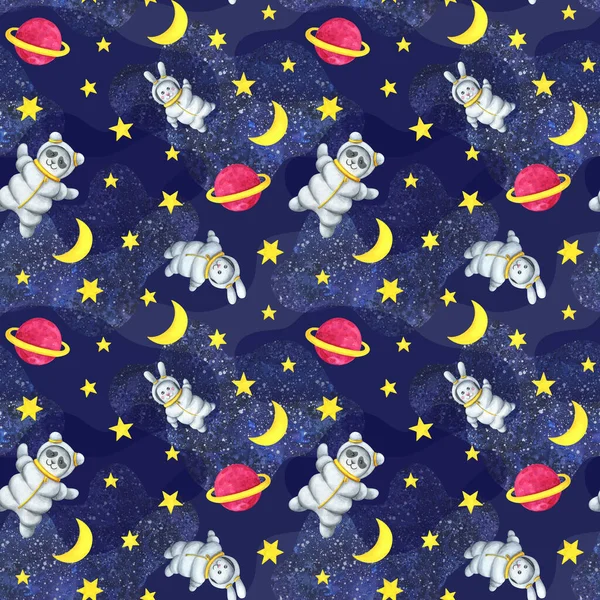 Animal astronauts in outer space. Seamless pattern. Children's watercolor illustration. Cute print with a Panda and a hare in a space suit. Pink planet, star, moon, infinite universe.