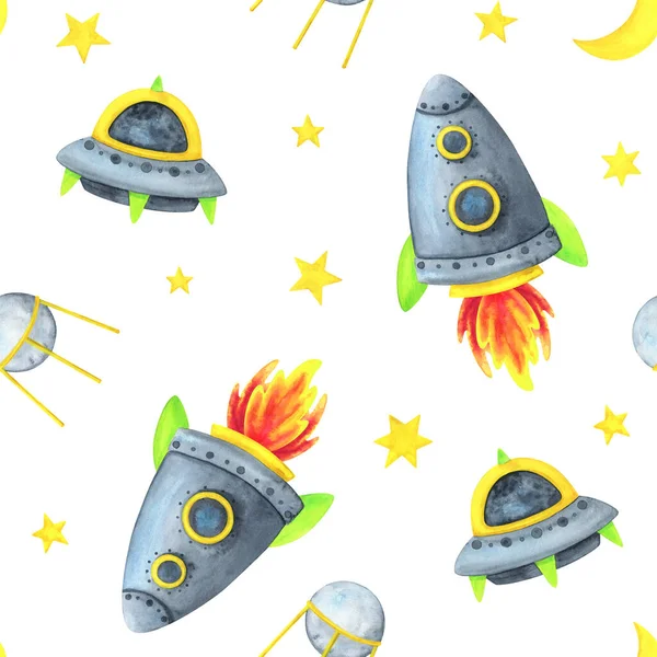 Space seamless pattern. A spaceship, a flying saucer, a satellite on a white background of the starry sky. Children's watercolor illustration. Cute print with a planet, meteorite, asteroid