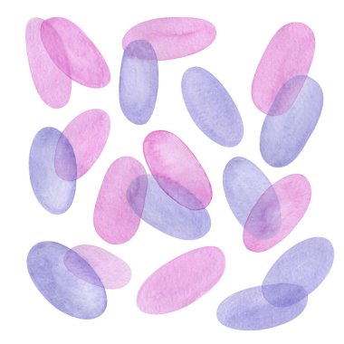 Suluboya lekeleri, pembe baloncuklar ve leylak rengi gölgeler. Beyaz arkaplanda izole edilmiş soyut tasarım nesneleri.