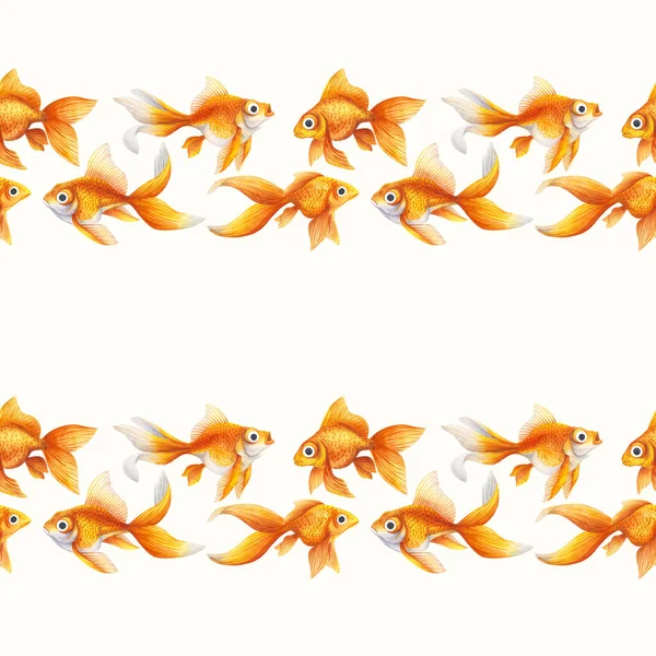 无缝图案 金鱼的背景金黄色水族馆鱼 水彩画 写实的插图 装饰动物 魔法黑魔法 — 图库照片