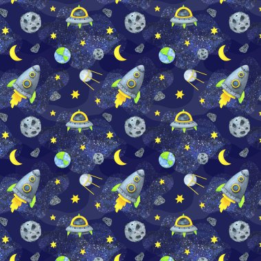 Kusursuz bir desen. Uzay aracı, uçan daire, yıldızlı gökyüzünün arka planında uydu. Çocuk suluboya çizimi. Gezegeni, göktaşı ve asteroidi olan şirin bir iz.