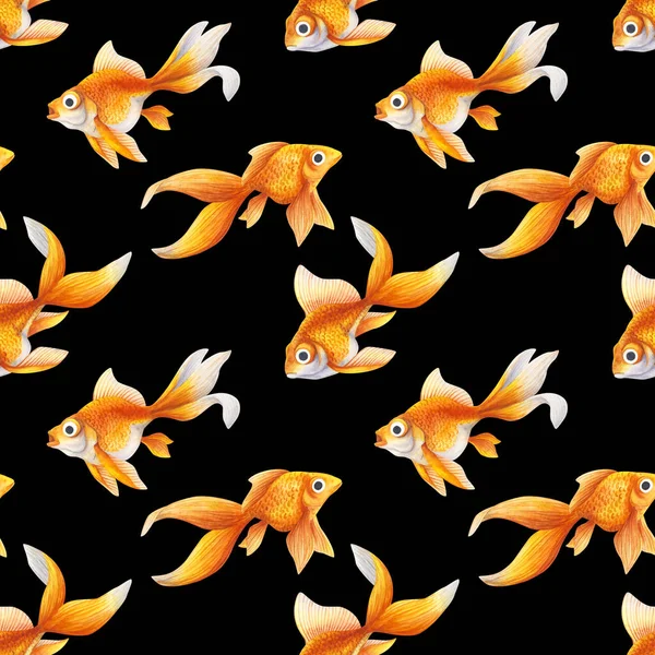 Seamless Pattern Background Goldfish Aquarium Fish Golden Color Watercolor Realistic — Stock Photo, Image