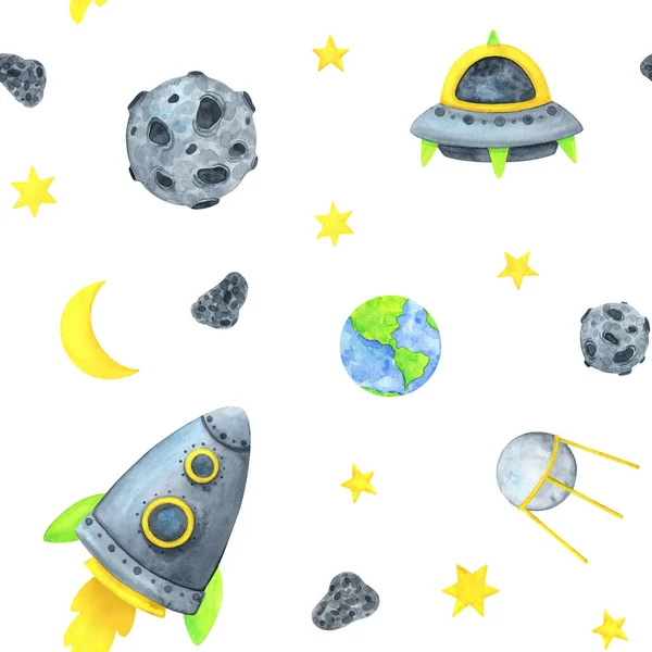 Space seamless pattern. Rocket, flying saucer, spaceship, satellite, planet, stars. Fantastic background with watercolor illustrations for children. Infinite universe.The science of astronomy.