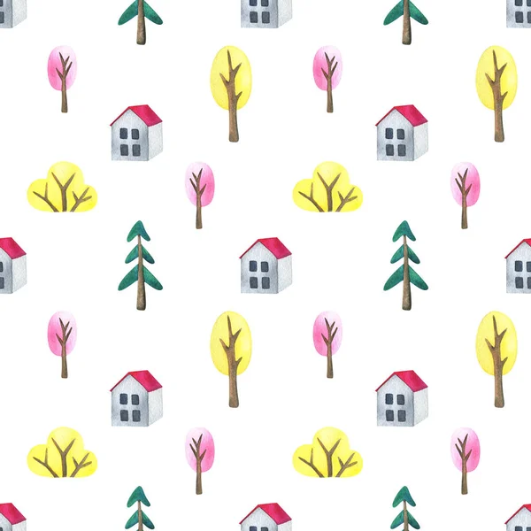 Fehér Ház Rózsaszín Tetővel Erdőben Egyszerű Minta Édes Otthon Többszínű — Stock Fotó