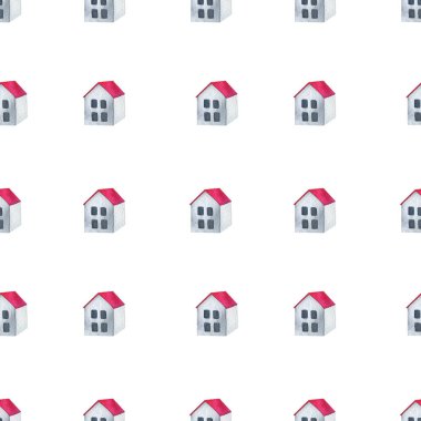 Basit bir model. Pembe çatılı beyaz bir ev. Eviniz güzelmiş. Beyaz arka planda çocuk suluboya çizimi. Minimalist, modern tasarım. Kumaş ve kağıt için yazdır