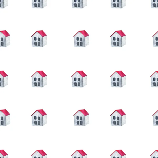 Simple Pattern White House Pink Roof Sweet Home Children Watercolor — Stock Photo, Image