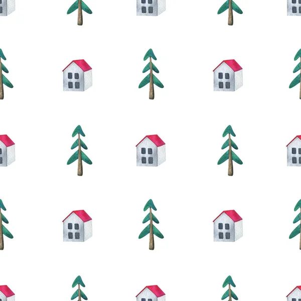 Fehér Ház Rózsaszín Tetővel Erdőben Egyszerű Minta Édes Otthon Gyermek — Stock Fotó