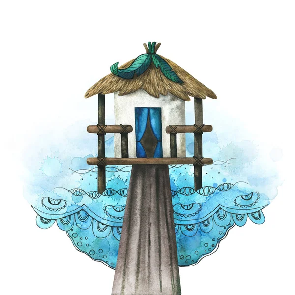 Bungalow Tropiskt Hus Vattnet Vattenfärg Illustration — Stockfoto
