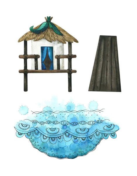 バンガロー 水の上の熱帯の家 白い背景に水彩画のイラストのセット 海の装飾印刷 はがき パターン — ストック写真