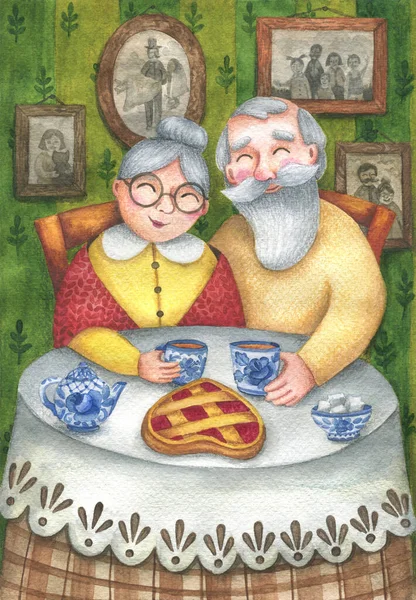 Old people\'s home tea party. It\'s nice to stay at home. Love in the family. Watercolor illustration. Pensioners drink tea with pastries. Family day. Quarantine, isolation. Cute Valentine\'s day card