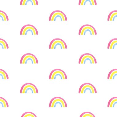 Seamless pattern made of rainbow .Pink, yellow, blue. Festive background for summer and children.Watercolor illustrations on a white background. Cute, fun print