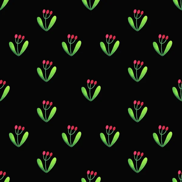 Watercolor Botanical Pattern Seamless Simple Pattern Black Background Cute Green — Stock Photo, Image