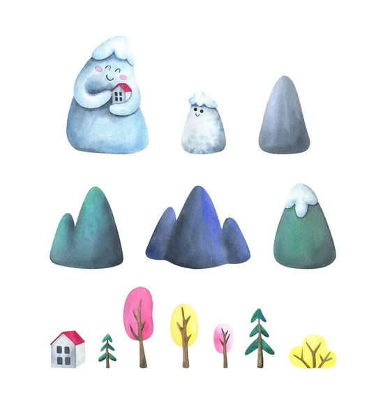 Montanhas Árvores Casa Personagens Conjunto Ilustrações Aquarela Isoladas Sobre Fundo — Fotografia de Stock