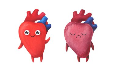 Kalp. Sağlıklı ve hastalıklı organ. Suluboya çocuk çizimi. Beyaz arka planda izole edilmiş karakterler. Kırmızı renk. Çizgi film anatomisi.