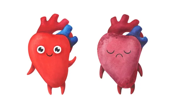 Cuore Organo Sano Malato Illustrazione Bambini Acquerello Personaggi Isolati Sfondo — Foto Stock