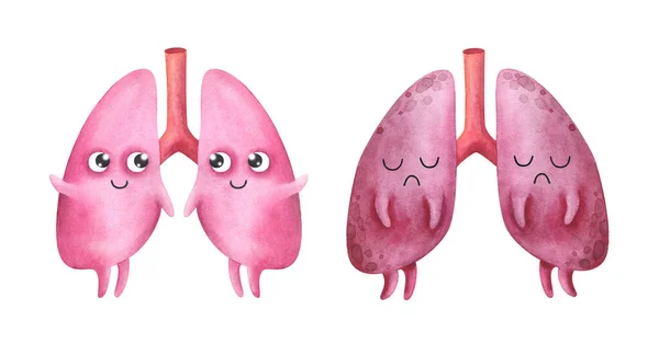 Ciğerler. Sağlıklı ve hastalıklı organlar. Çocuk tarzında suluboya çizim. Beyaz arka planda izole edilmiş karakterler. Pembe. Çizgi film anatomisi.