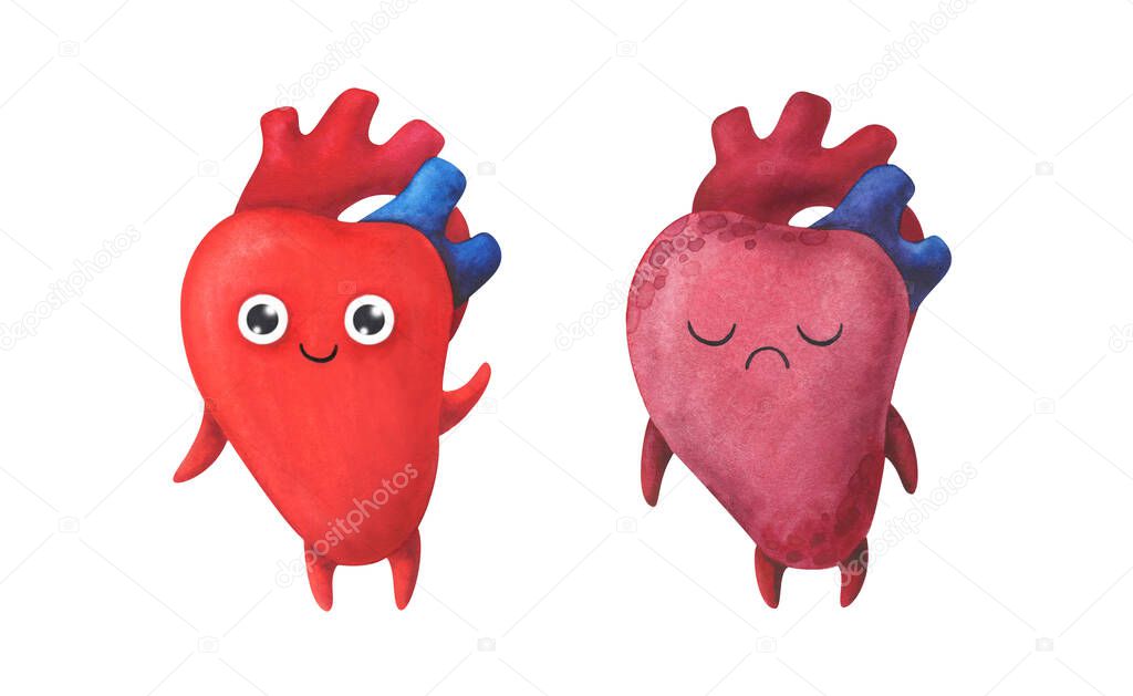 Heart. Healthy and diseased organ. Watercolor children's illustration. Characters isolated on a white background. Red color. Cartoon anatomy.