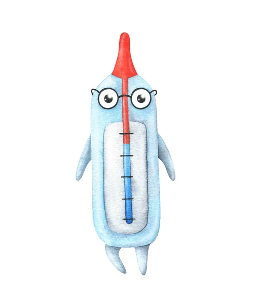 Quecksilberthermometer Medizinisches Instrument Zur Messung Der Körpertemperatur Niedliche Kinderfigur Mit — Stockfoto