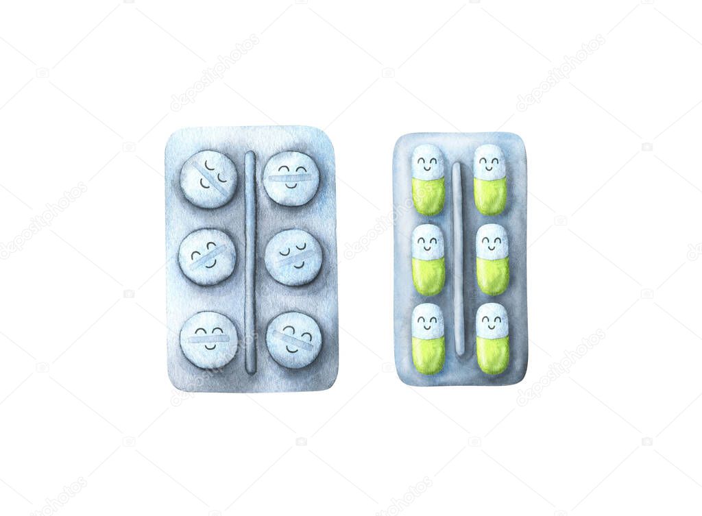 Blister with pills. Vitamins in capsules. Humanized medications. Cute, cartoon characters. A cure for the virus. Treating illness. Watercolor illustration on a white background. Stock image.