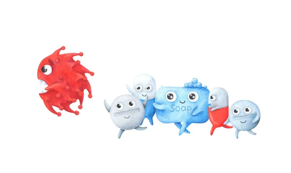 Coronavirus Covid 与病毒的斗争 病菌惊恐地从药物 肥皂中跑掉了 儿童水彩画为文章 病人的治疗 白色背景上的种群图像 — 图库照片