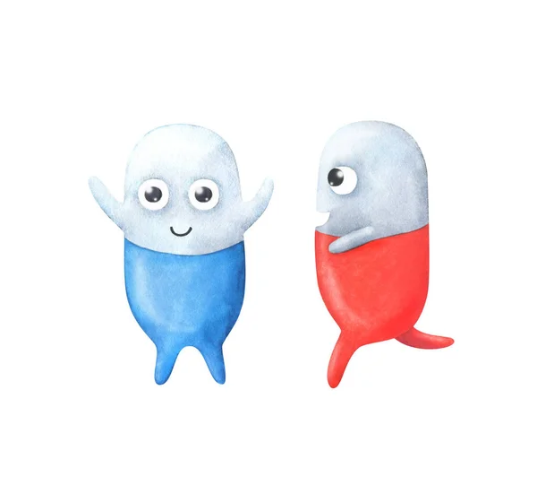 Czerwona Niebieska Pigułka Śmieszne Postacie Medyczne Ilustracja Dziecięca Tabletki Rękami — Zdjęcie stockowe