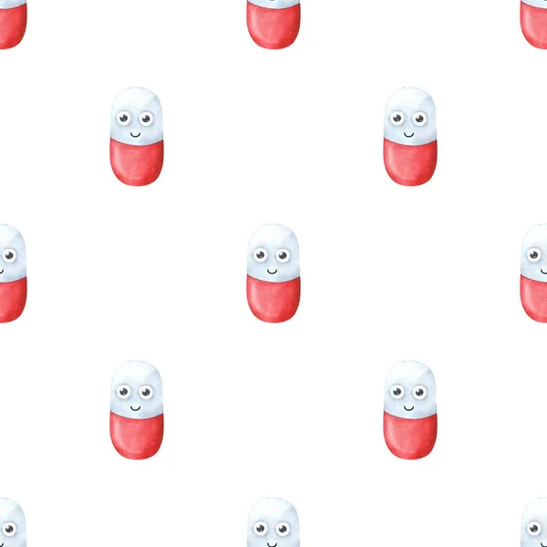 Seamless pattern with red pills. Funny medical characters. Cartoon tablets on a white background. Pharmaceutical print for fabric, packaging, design. Stock image . Funny medicines, vitamins