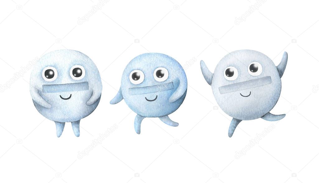 A set of pills. Funny medical characters. Children's illustration of a tablet with hands and feet. Stock image isolated on a white background. Funny medicines, vitamins.