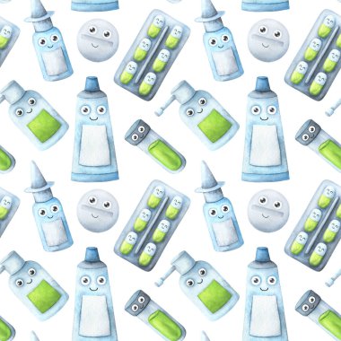 İlaçlı, tabletli, merhemli, test tüplü kusursuz desen. Karikatür tıbbi özellikleri olan bir geçmiş. Çizgi film suluboya çizimleri yeşil, mavi ve beyaz. Resim yükle