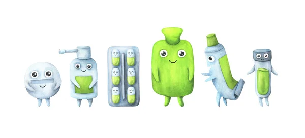Orvosi Készlet Zöld Színben Rajzfilmfigurák Tabletta Spray Tabletták Melegvizes Palack — Stock Fotó