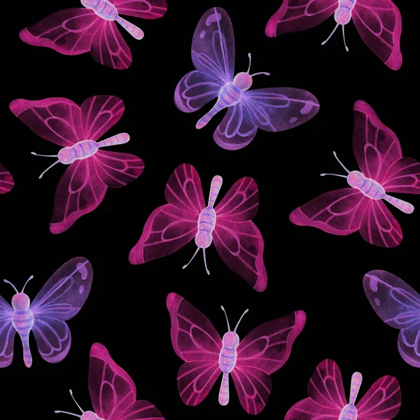 Neonfjärilar Söt Sömlös Mönster Med Akvarell Illustrationer Rosa Och Lila — Stockfoto