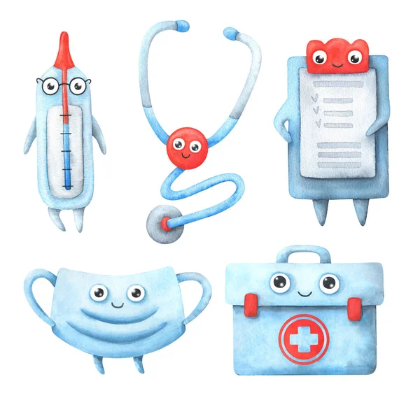 Medical instrument. Cartoon characters : thermometer, stethoscope, patient card, first aid kit, disposable mask. Set of watercolor illustrations isolated on a white background. Stock image