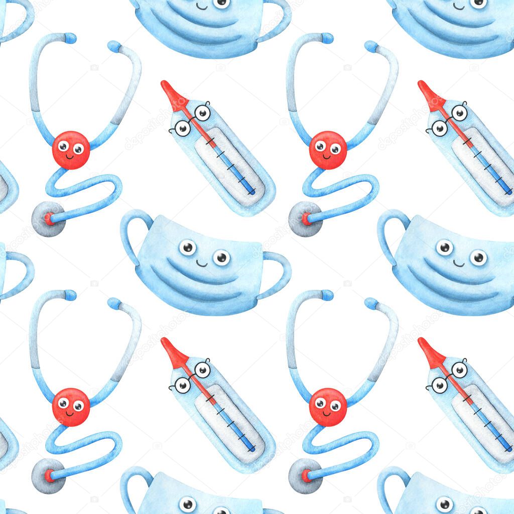 Seamless pattern with stethoscope, thermometer and medical mask. Background with medical attributes. Cartoon watercolor illustrations in blue, red and white. Stock image