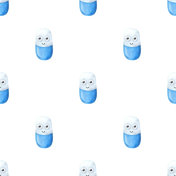 Seamless pattern with blue pills. Funny medical characters. Cartoon tablets on a white background. Pharmaceutical print for fabric, packaging, design. Stock image . Funny medicines, vitamins