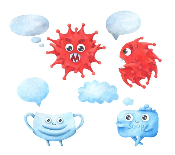Covid 19系列病毒 保护膜 语言气球 关于危险感染 个人防护和预防感染的文章的有趣的字符 儿童图解 — 图库照片