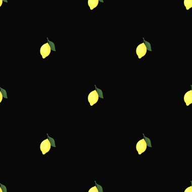 Siyah arka planda sarı limonlar. Basit, pürüzsüz bir desen. Citrus meyvesi. Bıyıklı hoş bir illüstrasyon. Kumaş, tekstil, kağıt ve herhangi bir tasarım için parlak baskı..