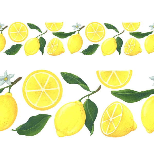 Сочные Лимоны Бесшовная Граница Иллюстрацией Горизонтальный Узор Желтыми Цитрусовыми Зелеными — стоковое фото