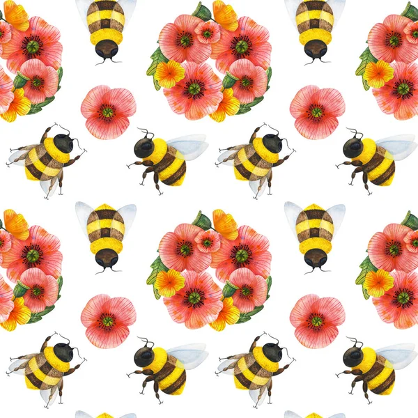 Pszczoły Dzikie Kwiaty Płynny Wzór Owadami Czerwonymi Makami Białym Tle — Zdjęcie stockowe
