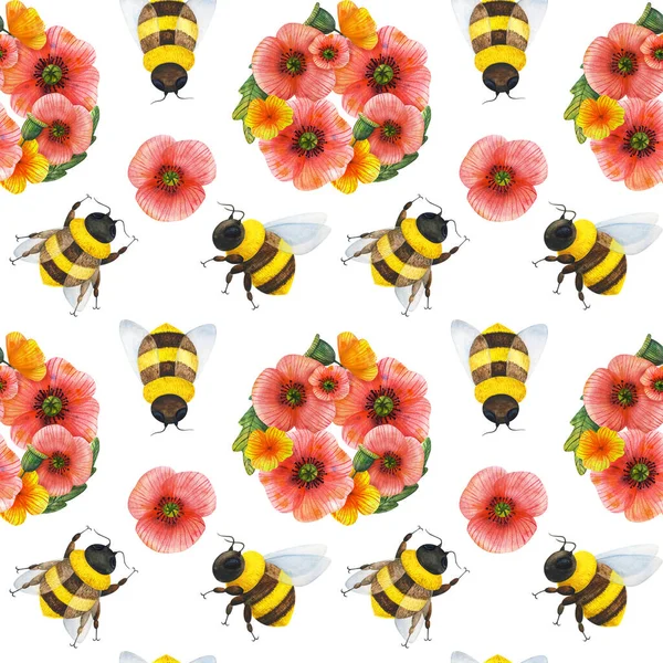 Bees Wildflowers Seamless Pattern Insects Red Poppies White Background Summer — Stock Photo, Image