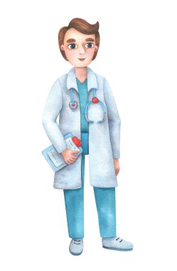 Steteskoplu bir doktor. Tıbbi giysili bir adamın çocuk çizimi. Stok görüntüsü beyaz bir arkaplanda izole edildi. Suluboya bir çizgi filmde kibar bir karakter..
