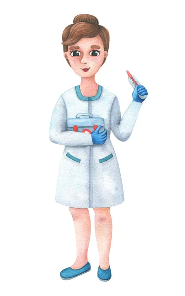 Eine Krankenschwester Mit Thermometer Und Verbandskasten Kinderillustration Eines Mädchens Medizinischem — Stockfoto