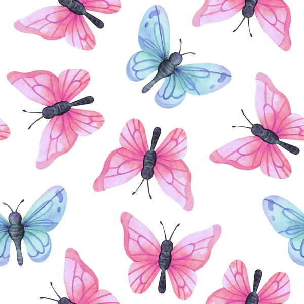 Roze Blauwe Vlinders Schattig Naadloos Patroon Met Aquarelillustraties Kleurrijke Insecten — Stockfoto
