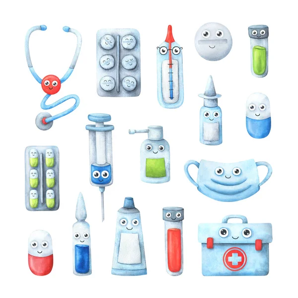 Tıbbi karakterler koleksiyonu. Maske, ilaç, tablet, burun damlası, termometre, steteskop, test tüpü, ilk yardım çantası, ampul, şırınga. Çocuk çizimi. Stok resmi, çıkartma seti