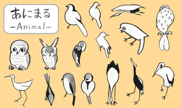 Handmålade Fåglar Målade Med Pensel Söt Djur Illustration — Stock vektor
