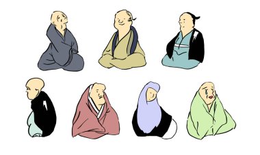 Kimono giyerek Japon tıraşlarının çizdiği vektör illüstrasyonu