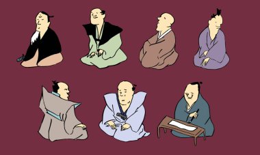 Kimono giyerek Japon tıraşlarının çizdiği vektör illüstrasyonu