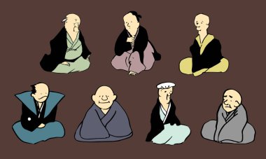 Kimono giyerek Japon tıraşlarının çizdiği vektör illüstrasyonu